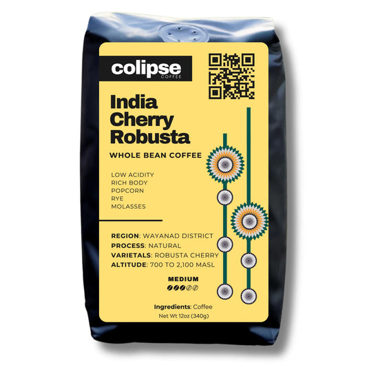 A bag of Colipse Robusta whole beans, bold and high in caffeine.