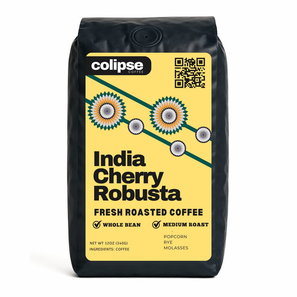 A bag of Colipse Robusta whole beans, bold and high in caffeine.
