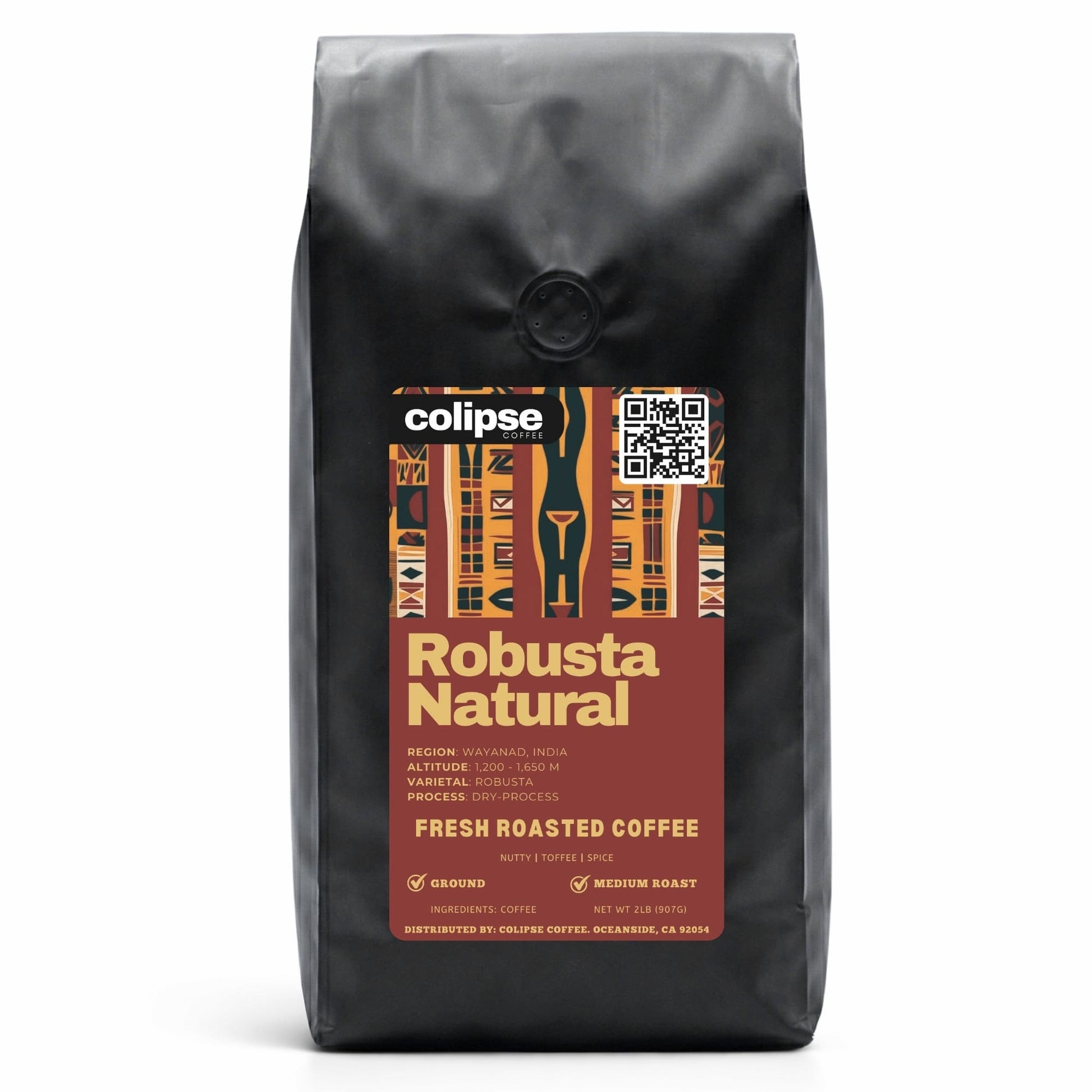 Coffee bag labeled 'colipse Robusta Natural' on a white background