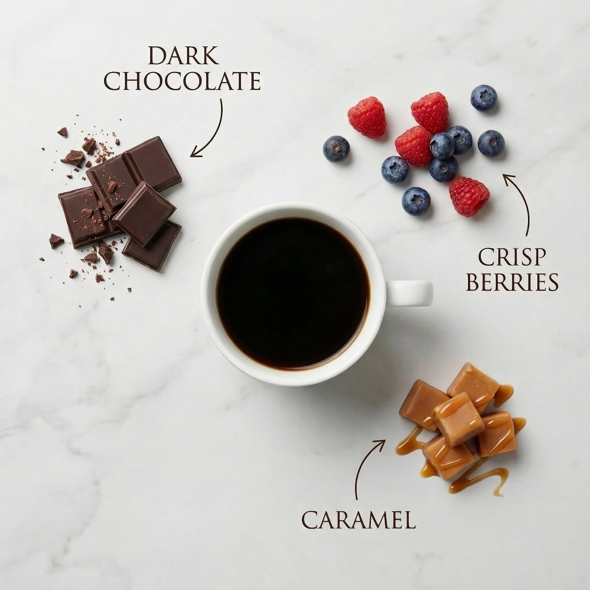 Cup of coffee with dark chocolate, berries, and caramel on a marble surface showing flavor notes of strong coffee