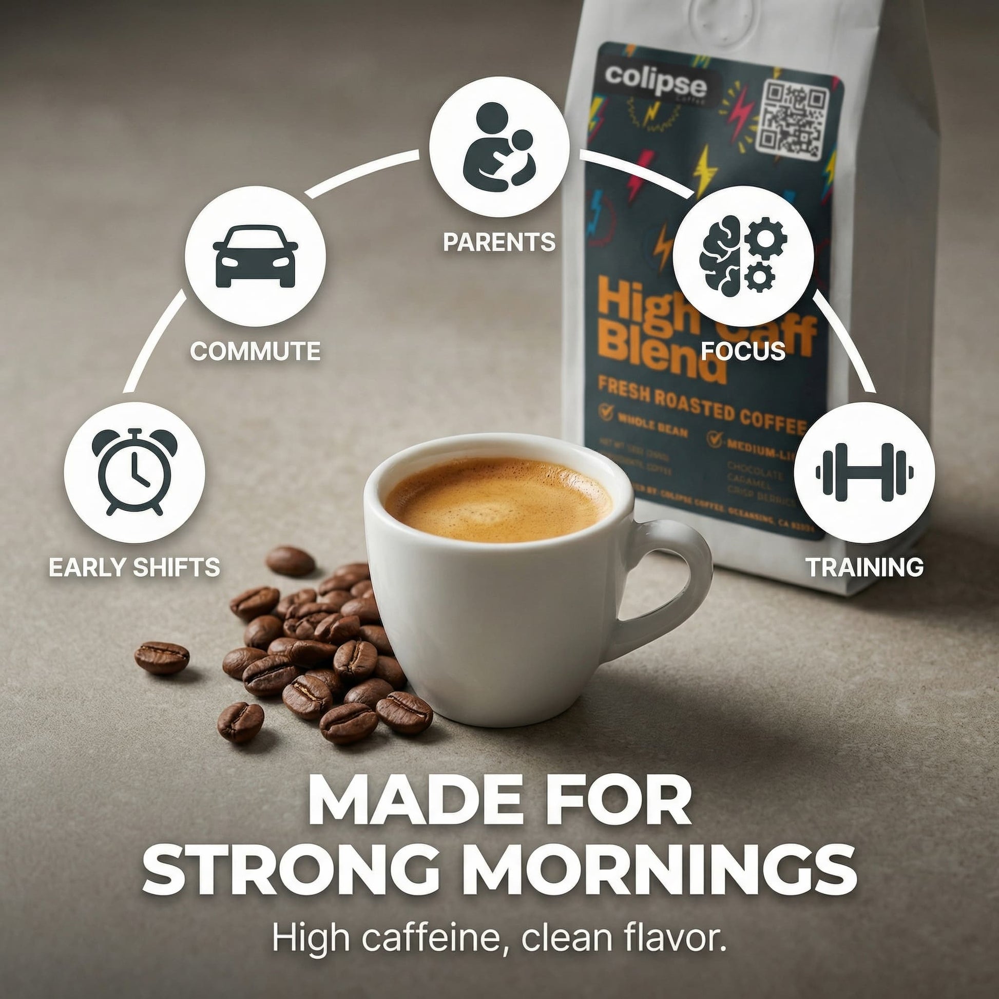 Cup of coffee with coffee beans and a bag of coffee labeled 'Colipse' on a brown background.