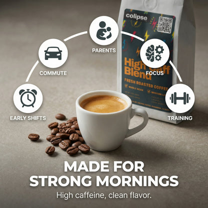 Cup of coffee with coffee beans and a bag of coffee labeled 'Colipse' on a brown background.