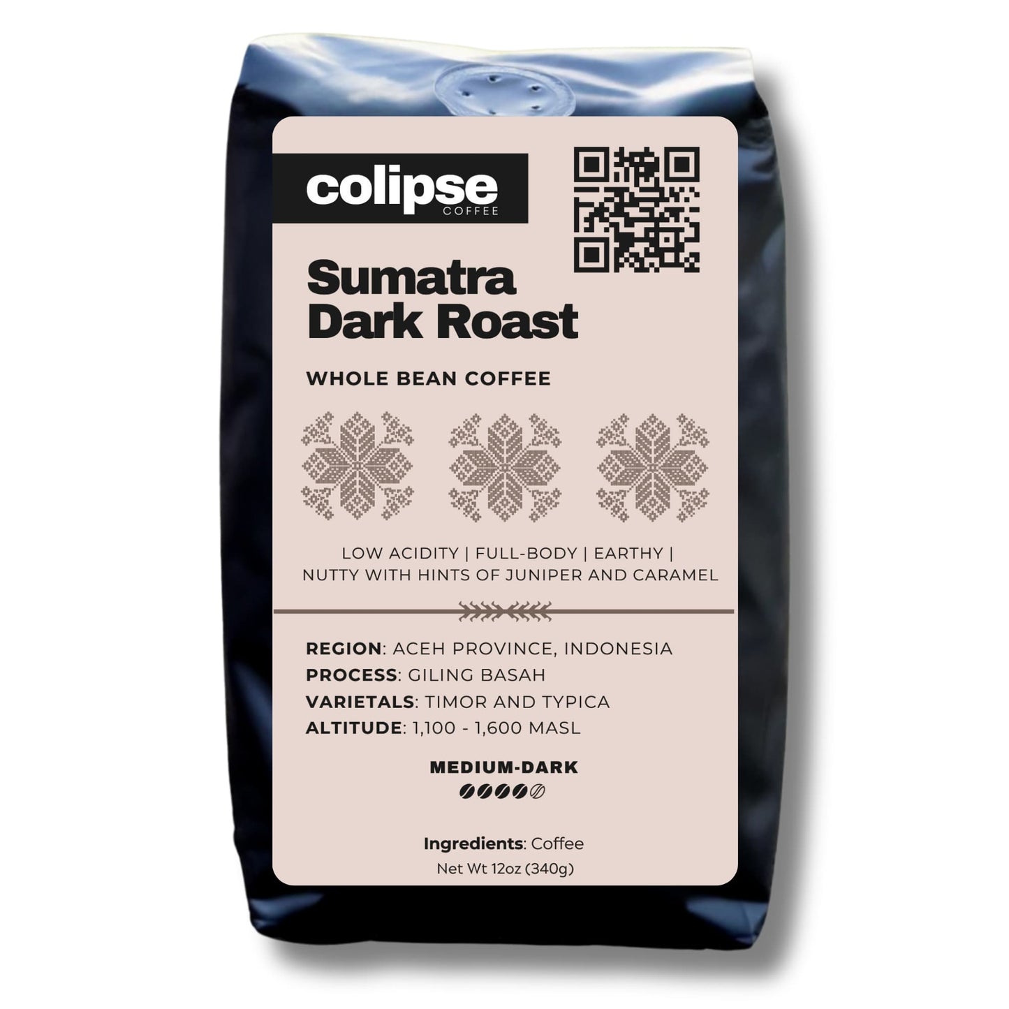 Colipse Sumatra whole bean coffee, rich and earthy with deep body.