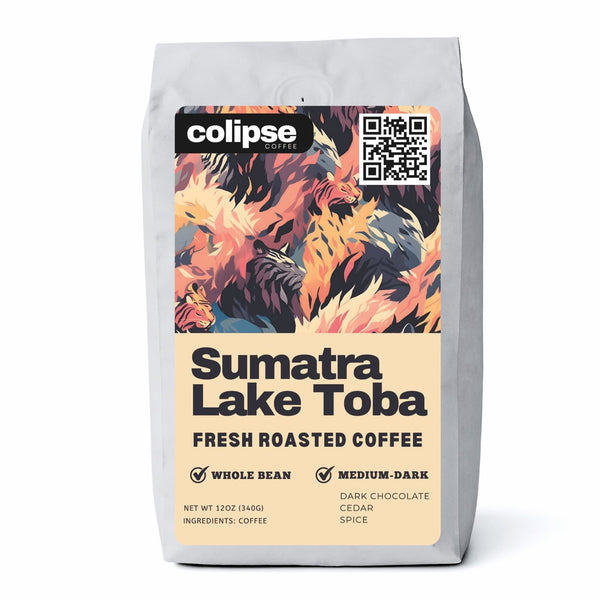 Colipse Sumatra whole bean coffee, rich and earthy with deep body.