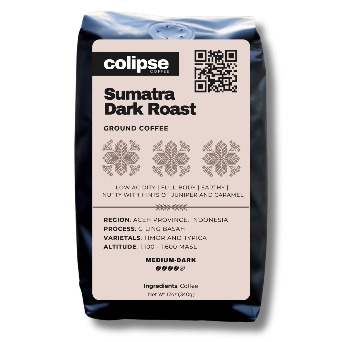 Colipse Sumatra coffee grounds, deep and syrupy with low acidity.