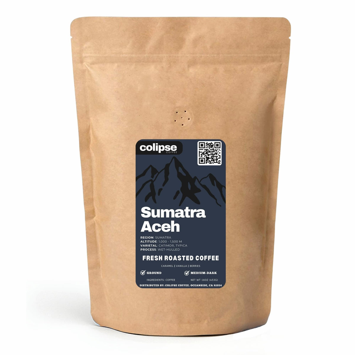 Kraft paper coffee bag with 'colipse' branding and 'Sumatra Aceh' coffee label on a white background