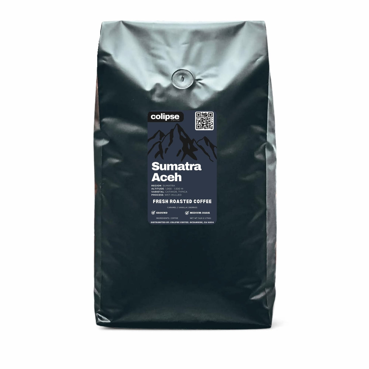 Coffee bag labeled 'Sumatra Aceh' by 'colipse' on a white background
