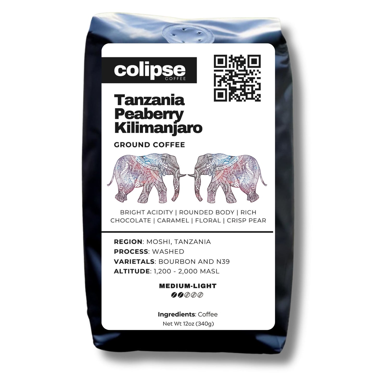 A bag of Colipse Tanzania coffee grounds with bright and fruity flavors.