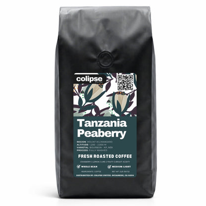 White coffee bag with 'colipse' branding and 'Tanzania Peaberry' label on a white background