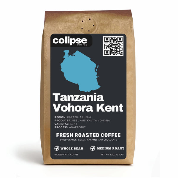 Colipse Coffee bag with Tanzania Vohora Kent coffee details on a white background