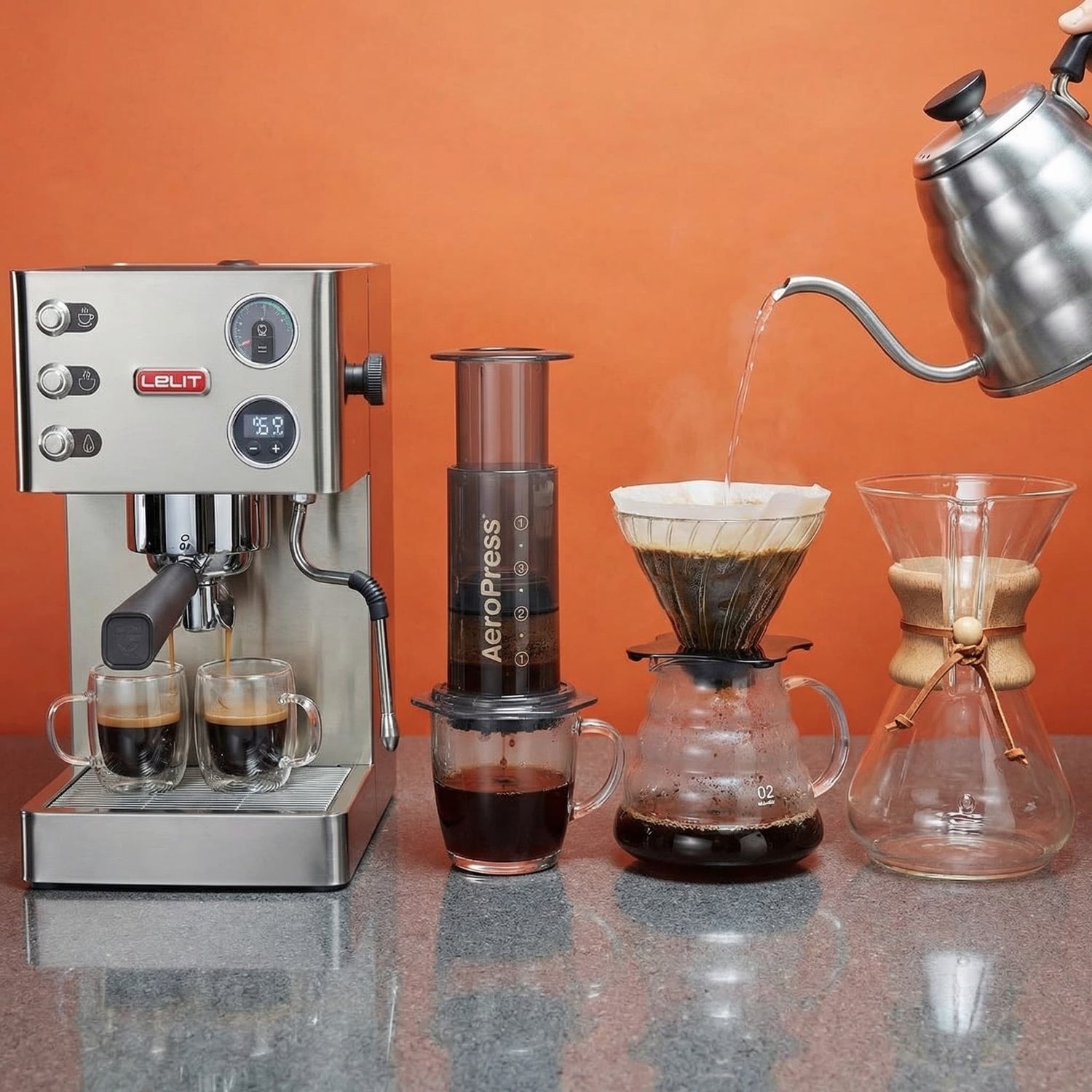 Coffee-making equipment including a espresso machine, Aeropress, and various pour-over devices on a reflective surface with an orange background.